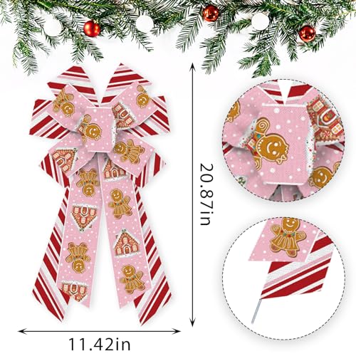 ABTOLS Pink Gingerbread Christmas Wreath Bow 11.4in x 20.8in, Red White Stripe Burlap Front Door Decor
