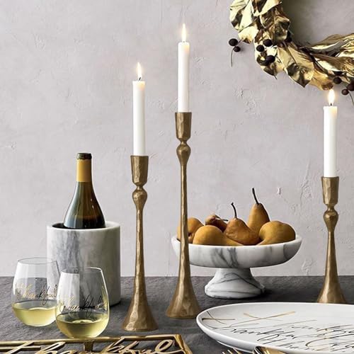 Vintage Cast Iron Taper Candle Holder Set - Antique Brass, 3 Sizes