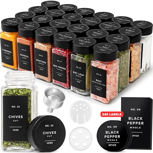 Glass Spice Jars with Black Bamboo Lids - Set of 24, Airtight Food Storage