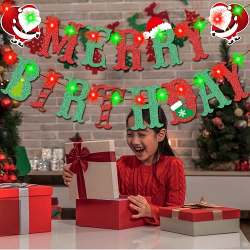 Christmas Birthday Party Banner with Lights - Merry Christmas & Birthday Decorations