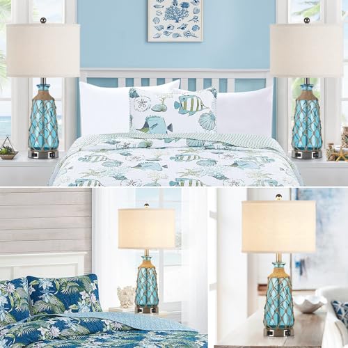 Teal Coastal Glass Table Lamps Set of 2 with USB & AC Outlet - 25.5" Bedside Touch Lamps