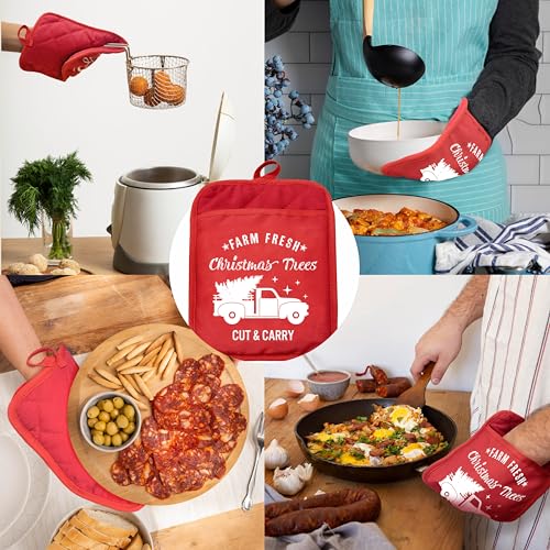 YeiHe Farm Fresh Christmas Trees Red Pot Holders with Pockets, Sdanjxl-15, Heat-Resistant Oven Mitts & Hot Pads for Kitchen Baking & Cooking