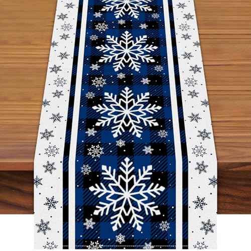 72 x 13 Inch Christmas Table Runner ? Blue and Black Buffalo Plaid with White Snowflake Pattern for Winter Holiday, Kitchen, Dining Table, Mantel, Xmas Party Decorations