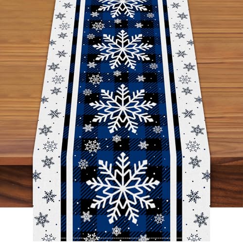 72 x 13 Inch Christmas Table Runner ? Blue and Black Buffalo Plaid with White Snowflake Pattern for Winter Holiday, Kitchen, Dining Table, Mantel, Xmas Party Decorations