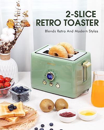 Amaste 2-Slice Retro Toaster with LED Display, Matcha Green, Extra Wide Slots