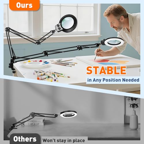 12X Magnifying Glass with Light & Extra-Long 35 Inch Clamp Stand - Adjustable LED Lamp