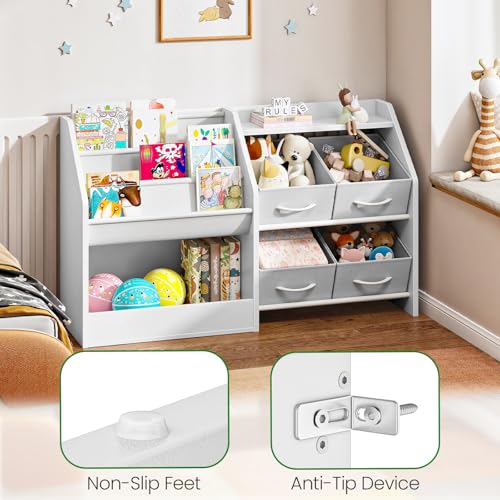 Kids Bookshelf with 3-Tier Fabric Slings & 4 Drawers, Toddler Toy Storage Organizer, White