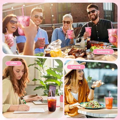 Pink Plastic Disposable Cups with Lids & Straws - 16oz, 100 Sets