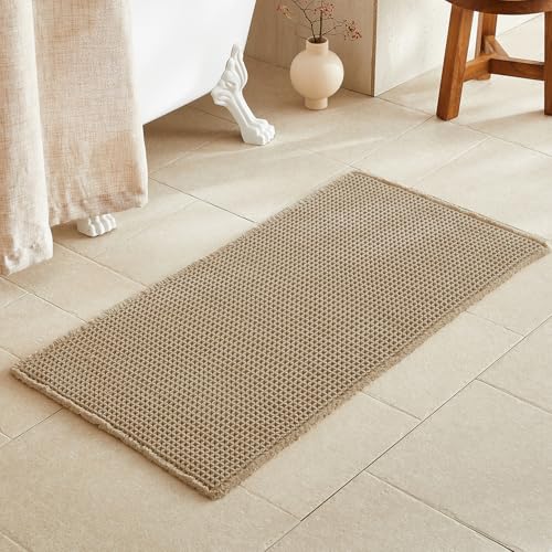 TYUU Waffle Bath Mat - Non Slip 48x24 Khaki Bathroom Rug, Quick Dry