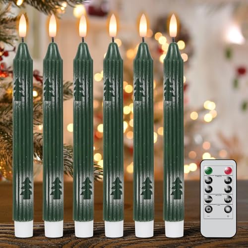 Wondise Green Christmas Flameless Taper Candles with Remote & Timer - Pack of 6