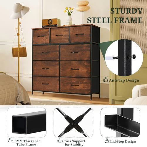 Brown 9-Drawer Dresser for Bedroom Storage - SageNest, 11.8"D x 39.4"W x 40"H