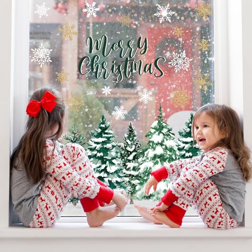 Whaline 6 Sheets Merry Christmas Window Clings Large Xmas Tree Gold Snowflake Snowy Forest Reusable Anti-Collision Windows Decals for Winter Holiday Home Glass Mirror Decor