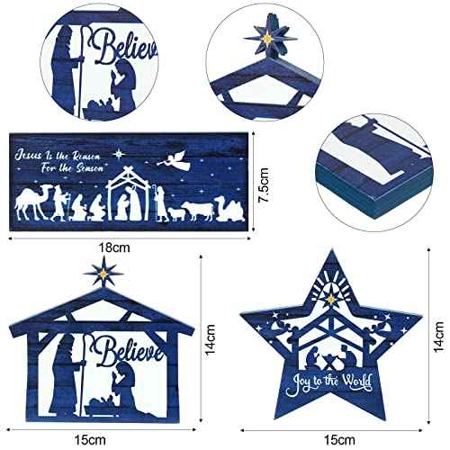 3 Pcs Christmas Table Decorations Jesus Nativity Set Table Signs Nativity Scene Table Centerpieces Wooden Block Xmas Believe Sign Rustic Farmhouse Christian Decorations for Home Tiered Tray Holiday