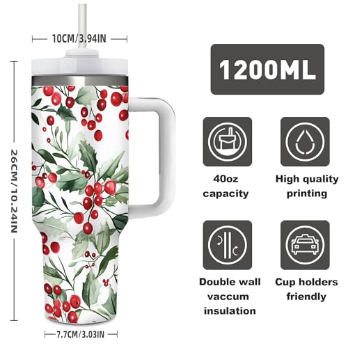 Christmas Holly 40 oz Insulated Tumbler – Dewoofly, 1200 ml with Lid & Straw