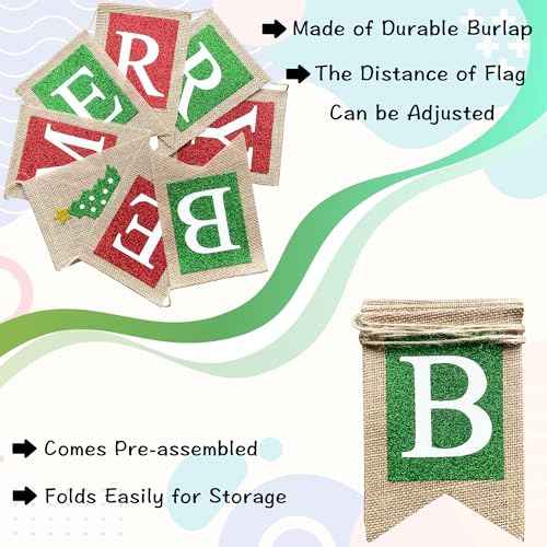 Burlap Be Merry Banner Christmas Decorations for Mantel Fireplace, Christmas Banner for Home Office Wall Decor, Winter Holiday Photo Props Xmas Party Favors