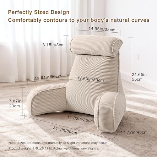 Ailuteie Beige Gray Large Reading Pillow for Sitting Up in Bed Backrest with Arms & Washable Cover