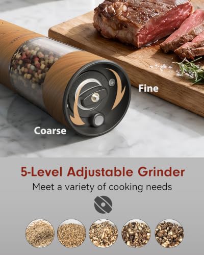 TOMEEM Rechargeable Electric Salt & Pepper Grinder Set - Large Capacity, Wood Color
