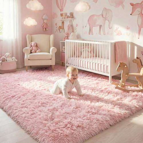 Pink Shag Plush Area Rug 6x9 for Kids Bedroom Nursery Classroom - Non-Slip