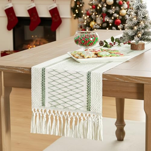 Sage Green Boho Macrame Table Runner 12 x 108 in - Hibate Sage Green 12" W x 108" L