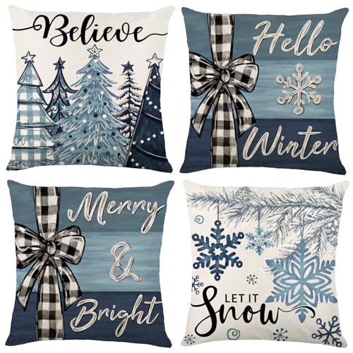 4PCS Christmas Throw Pillow Covers 18x18 Inch, Blue Snowflake Winter Holiday Wishes Pillow Cases Christmas Trees Seasonal Cushion Covers for Home Sofa Couch Outdoor Decoration