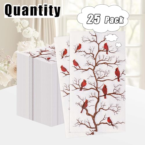 25 Pcs Christmas Dinner Napkins 3-Ply Red Bird Disposable Holiday Party Paper Towels