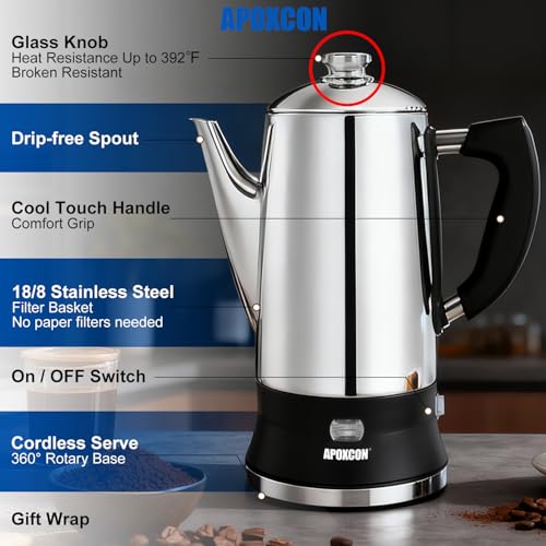 Electric Coffee Percolator 12 Cups Stainless Steel Glass Top Keep Warm Cordless