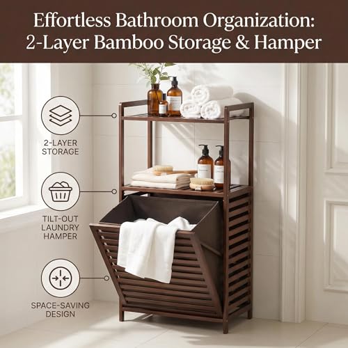 Brown 2-Tier Tilt-Out Bamboo Laundry Hamper with Storage Shelf - Foldable