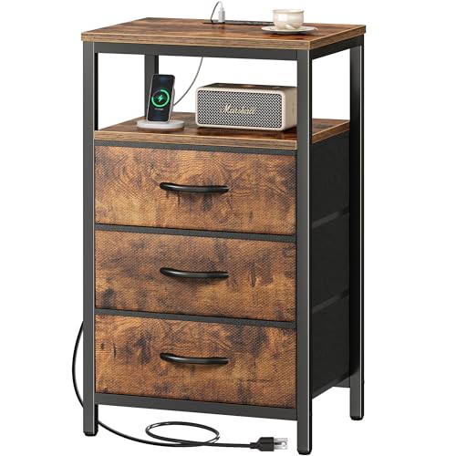 Huuger Nightstand with Charging Station - Rustic Brown, 3 Drawers, 27.6 Inch Tall Side Table with Outlets & Storage