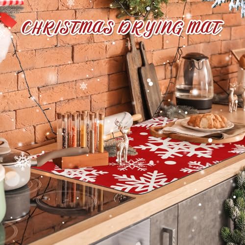 Tinideya Snowflake Christmas Dish Drying Mat 12x20 Inch Kitchen Counter Decor