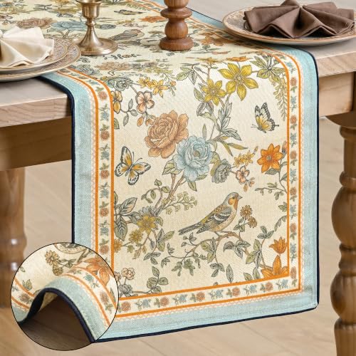 Artoid Mode Beige Floral Bird Rustic Vintage Table Runner 13x72 Inch for Dining