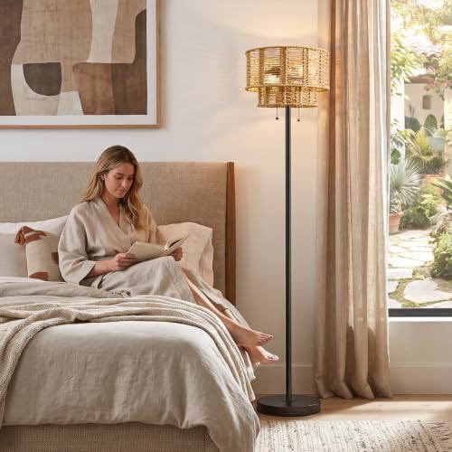 Farmhouse Floor Lamp with Rattan Shade - Black, 60-Inch Tall Living Room Lighting