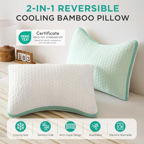 Baskbed Queen Cooling Side Sleeper Pillow 2 Pack - Green, Adjustable Neck & Shoulder Support