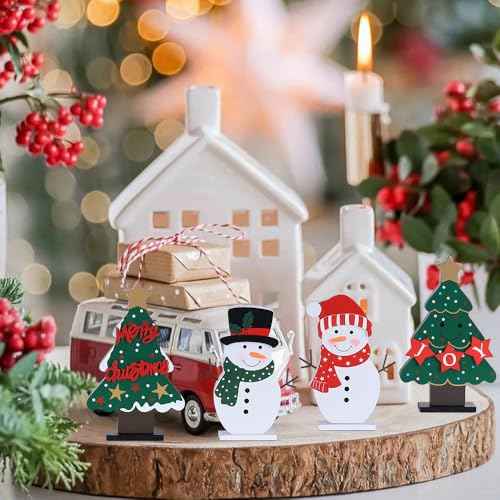 DECSPAS Christmas Decorations Indoor, 4 PCS Wood Christmas Trees & Snowmen for Centerpiece Table Decorations, Wooden Tiered Tray for Xmas Decor, Home, Winter, Tabletop, Mantel, Shelf, Gifts