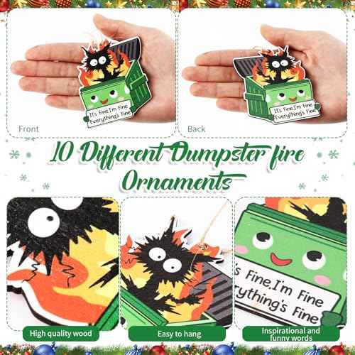 Syhood 10 Pcs Christmas Dumpster Fire Ornament Everything is Fine Christmas Tree Hanging Decoration Emotional Support Dumpster Fire Decor Employee Appreciation Gift for Xmas Team Coworker, 10 Styles