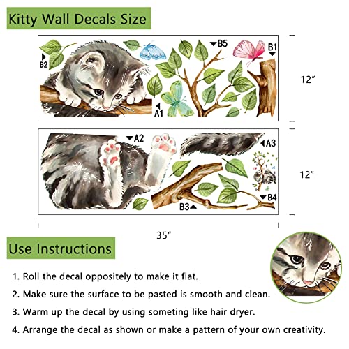 Yovkky Cat on Tree Branches Wall Decals Stickers, Kitty Animal Nursery Decor, Green Leaves Baby Kids Bedroom Home Decorations Art
