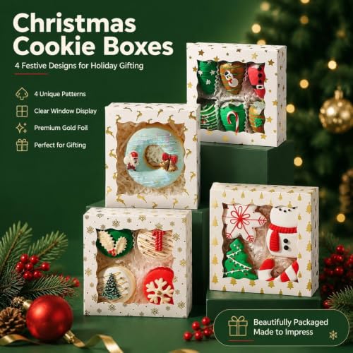 5x5x2 Inch Christmas Treat Boxes 12 Pack with Window – White Cardboard, Food Grade, NEKSUNBAK