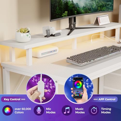 52-Inch Reversible Gaming Desk with LED Lights & Power Outlets, White