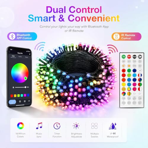 Dazzle Bright RGB 33ft 100 LED Color Changing Christmas Lights, USB Powered, Bluetooth + Remote