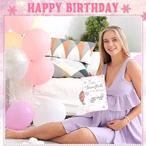 25 Sets Snowflake Baby Shower Invitations with Envelopes A Little Snowflake is on The Way Party Decorations Silver Pink Invitations for Christmas Winter Gender Reveal Party Supplies, 4 x 6 Inch