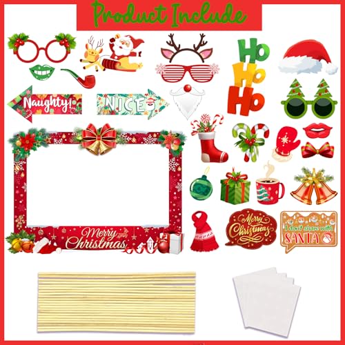 Christmas Photo Props Kit 25Pcs - Selfie Frame, Santa Beard & Gingerbread Party Props