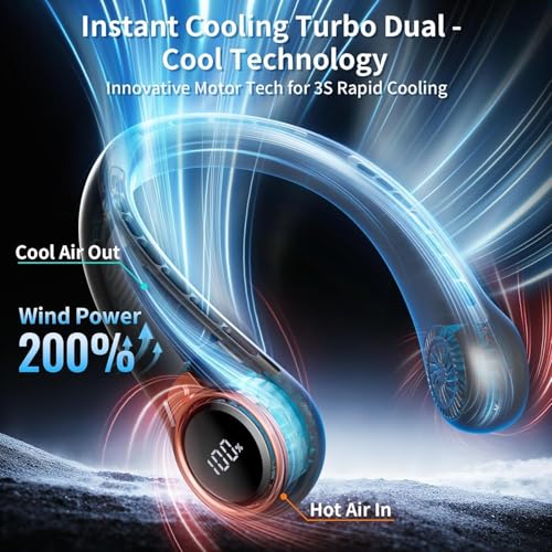 Portable Neck Fan with 6000mAh USB Rechargeable Battery - Black, Medium, 360° Bladeless Cooling, 3 Speeds, LED Display, Lightweight Wearable Fan