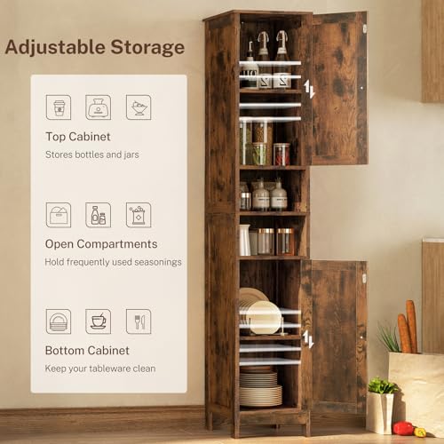 Tall Bathroom Cabinet with 2 Adjustable Shelves and 2 Doors - Rustic Brown, 2 Doors Brown