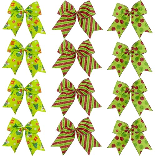 12 Pcs Christmas Bow Decorations - Glitter Red, White, Green Holiday Gift Wrap & Tree Ornaments