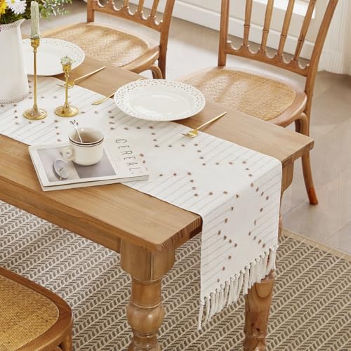 Wracra Boho Taupe/Woven Table Runner 14x48 Inches with Fringe - Rustic Home Decor