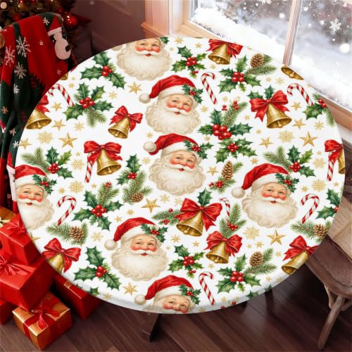Santa Bells 60 Inch Round Waterproof Fitted Tablecloth with Elastic Edge - Christmas Decor