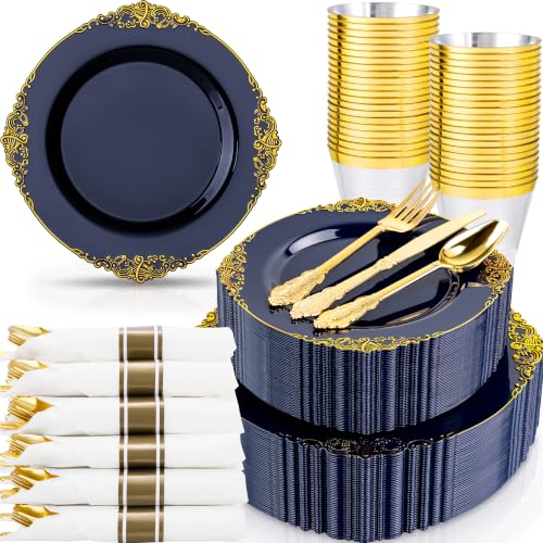 Nervure Navy Blue & Gold 350-Piece Disposable Dinnerware Set for 50 Guests