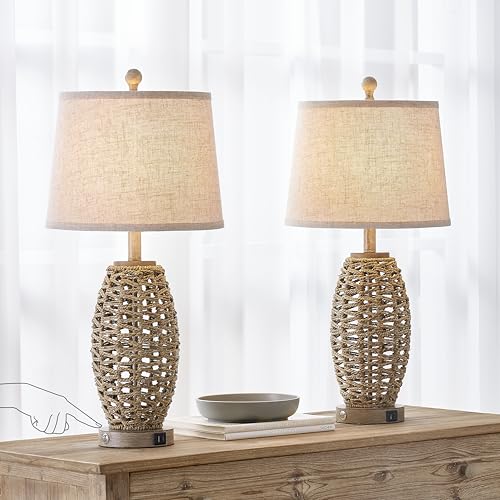27-Inch Natural Rattan Table Lamps Set of 2 with USB Ports & Dimmable Touch Control