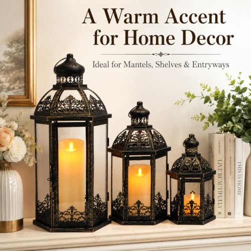 19/13.5/9.5-inch Set of 3 Black & Gold Metal Candle Lanterns with Tempered Glass - Indoor & Outdoor Decor