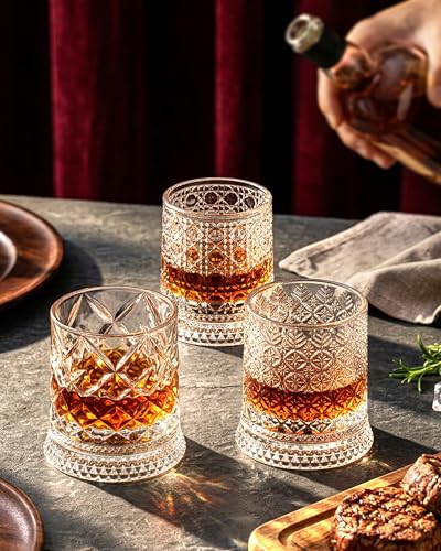 CEEFU Gem Cut 360° Spinning Whiskey Glass Set of 4 with Gift Box & Ice Ball Molds