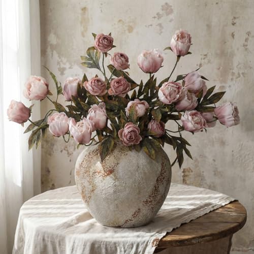 Artificial Peony Flower Stems - Vintage Silk Faux Flowers for Vase Arrangement, 8 Pack - Brownish Variation